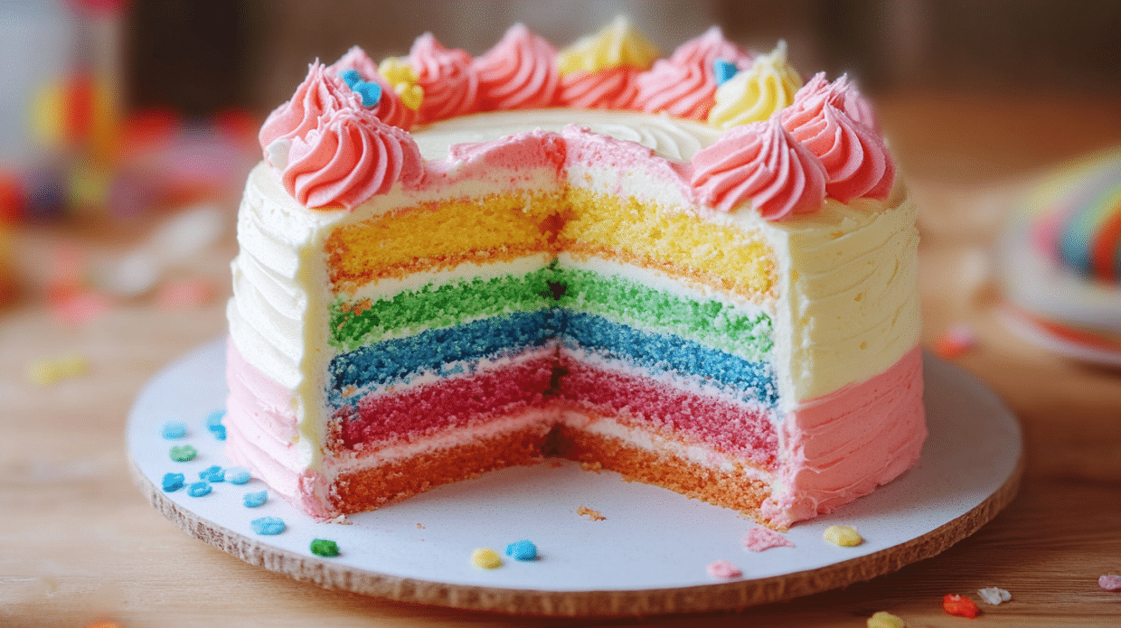 rainbow cake rainbow with six colorful layers and frosting swirls