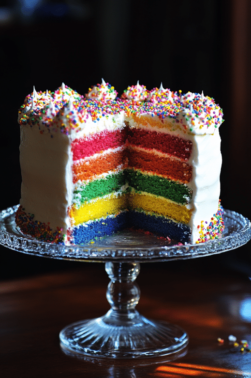 Rainbow Cake Rainbow – A Colorful Slice of Joy for Every Occasion 8 rainbow cake rainbow with six colorful layers on a glass cake stand