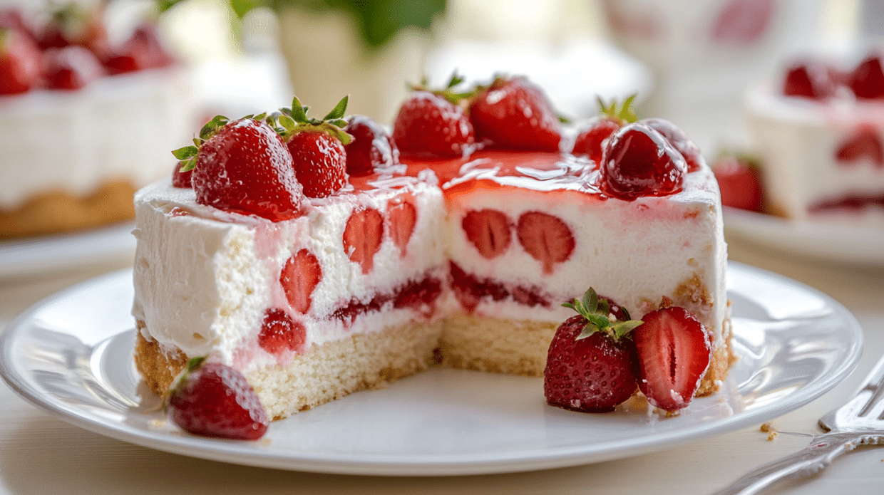 slice of strawberry cake and cheesecake with fresh strawberries