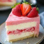 strawberry cake and cheesecake slice with pink frosting and fresh strawberries