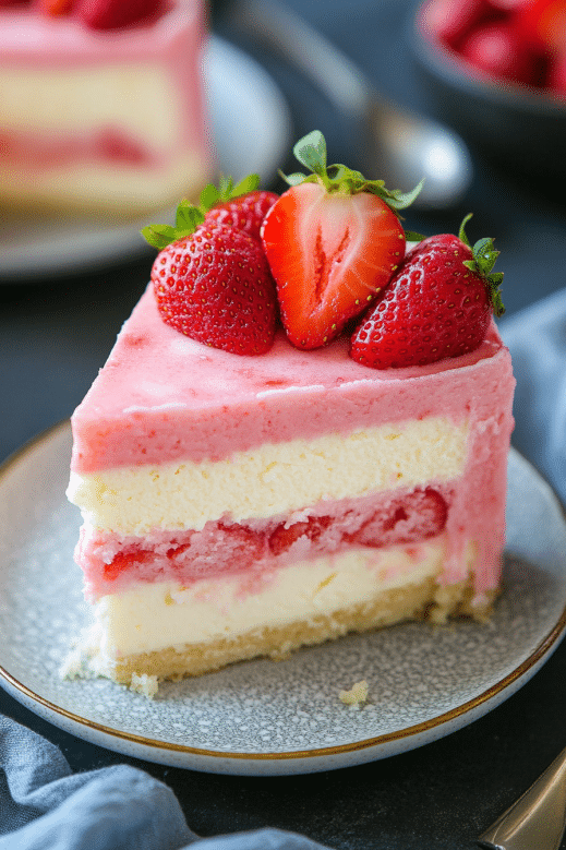 Strawberry Cake and Cheesecake – Two Classics, One Epic Dessert 6 strawberry cake and cheesecake slice with pink frosting and fresh strawberries