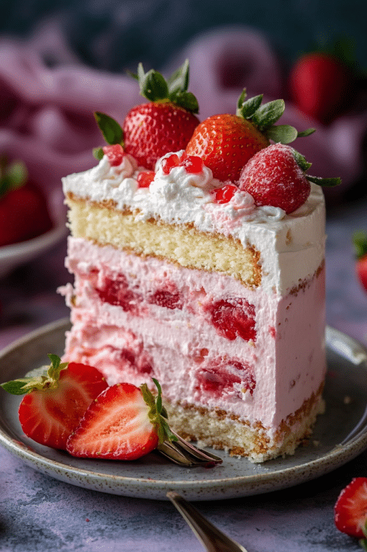 Strawberry Cake and Cheesecake – Two Classics, One Epic Dessert 7 layered strawberry cake and cheesecake slice with whipped topping and strawberries