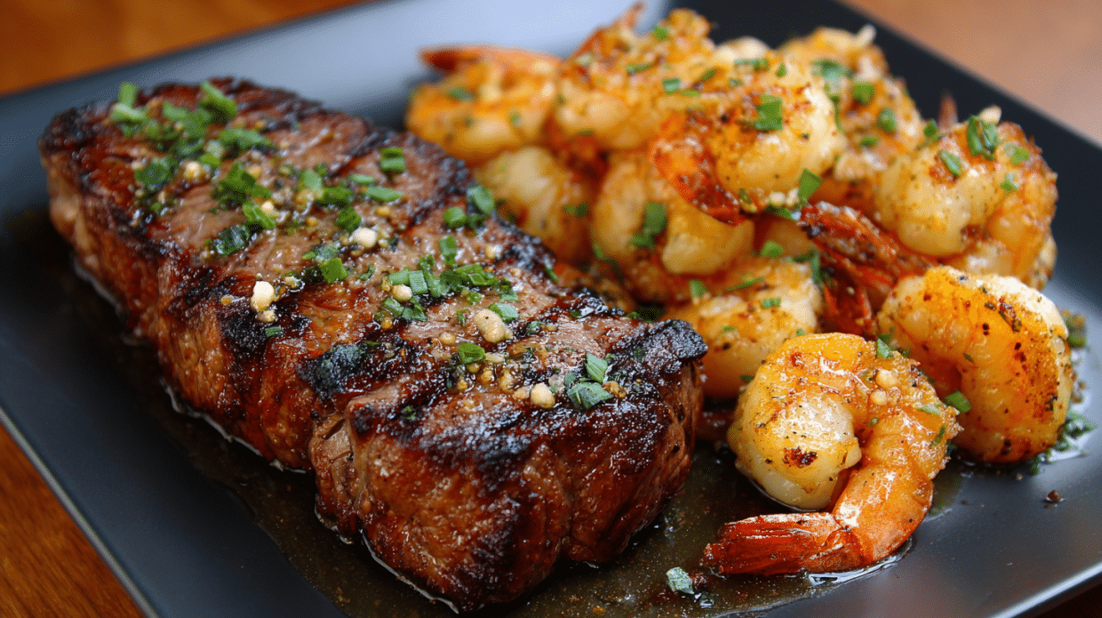 Firecracker steak and shrimp served with chili glaze