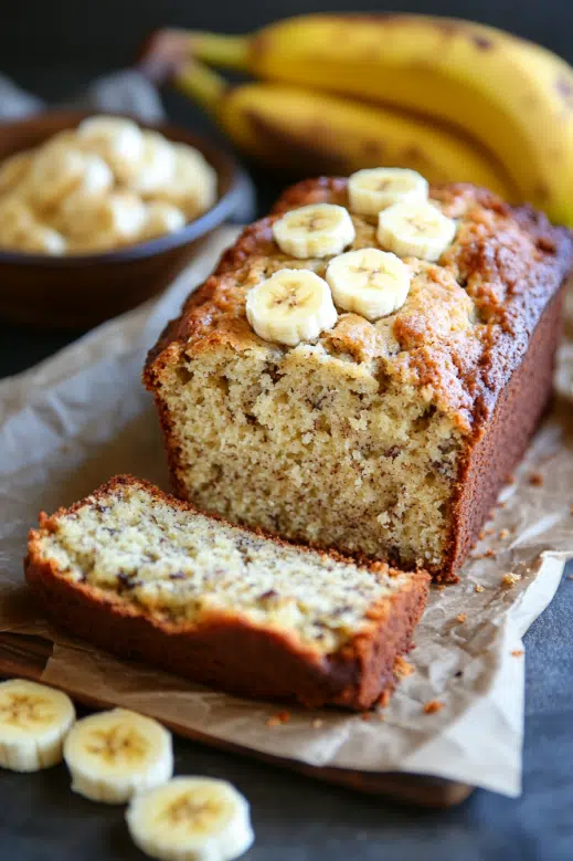 Healthy Cottage Cheese Banana Bread You’ll Love Every Time 7 Sliced healthy cottage cheese banana bread with banana topping