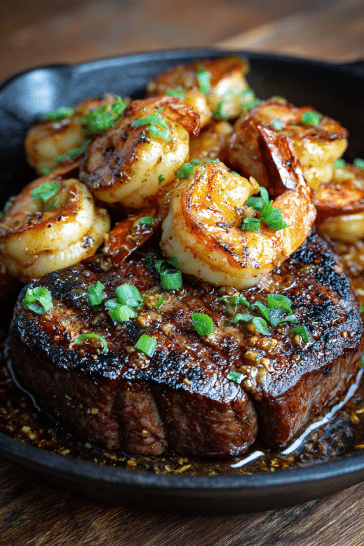 Firecracker Steak and Shrimp for the Ultimate Spicy-Sweet Dinner 7 Seared firecracker steak topped with shrimp in garlic chili sauce