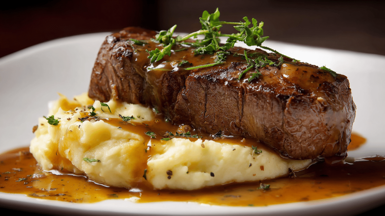 Beef steak with mashed potatoes topped with brown gravy and herbs