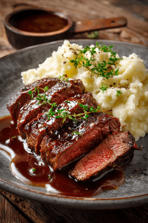 Sliced beef steak with mashed potatoes and gravy on a rustic plate