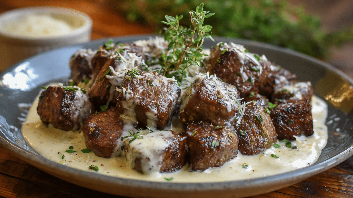 Garlic butter steak bites covered in parmesan cream sauce, garnished with herbs