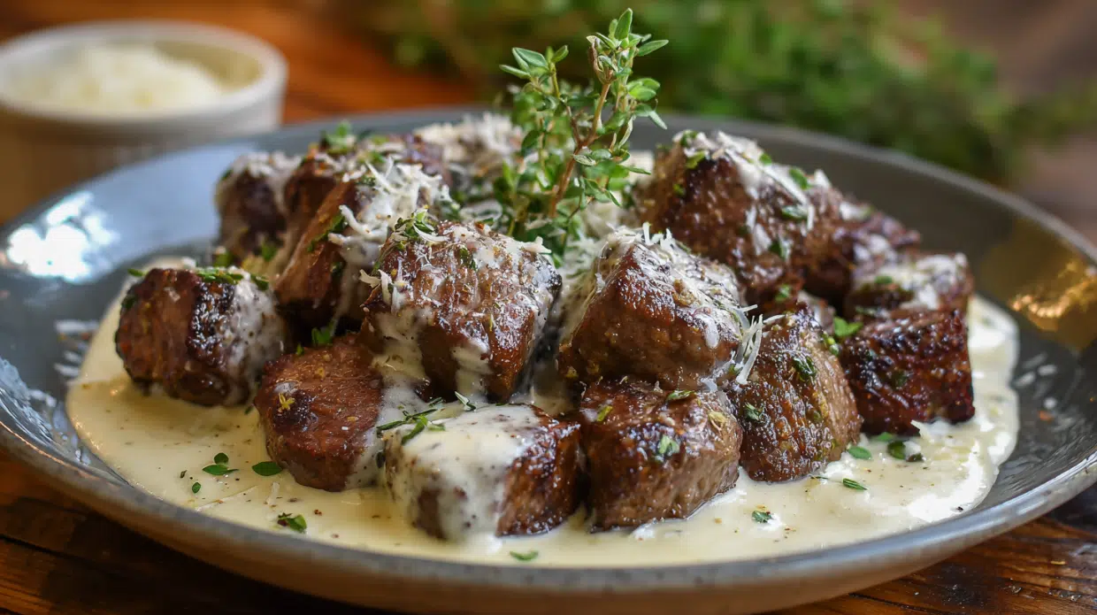 Garlic Butter Steak Bites with Parmesan Cream Sauce – A 30-Minute Dream Dinner 4 Garlic butter steak bites covered in parmesan cream sauce, garnished with herbs