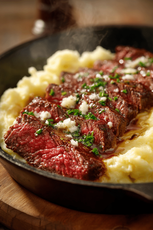 Sliced beef steak over mashed potatoes in a skillet with garlic and herbs