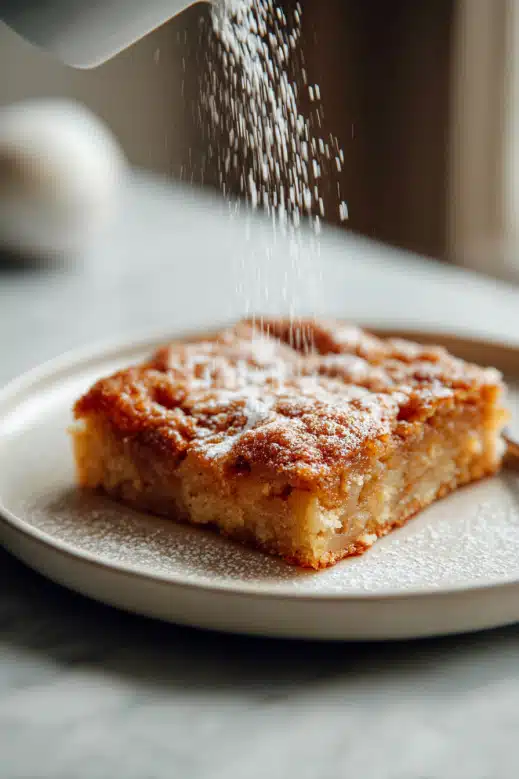 Apple cinnamon sheet cake topped with whipped cream and a dusting of cinnamon on a white plate