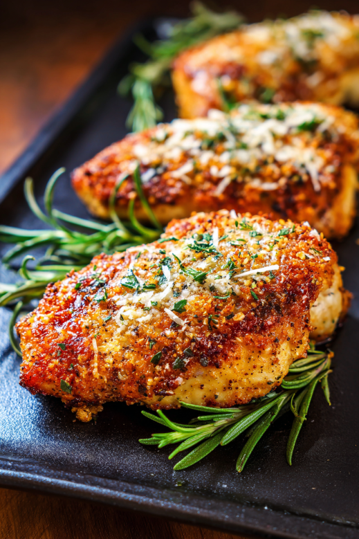 Garlic Parmesan chicken breasts with golden crust and herbs on a black cast iron tray