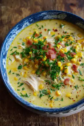 Chicken Corn Chowder: The Ultimate Comfort Soup 2 Top-down view of a rustic bowl filled with creamy chicken corn chowder, garnished with sweet corn, shredded chicken, crispy bacon, and chopped parsley.