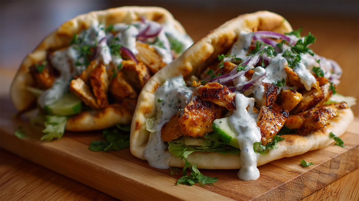 close-up of juicy grilled chicken pita recipe with tzatziki sauce