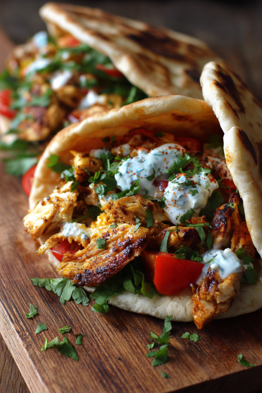 Chicken Pita Recipe That Tastes Like Takeout But Better 5 close-up of grilled chicken pita recipe with fresh parsley and yogurt sauce