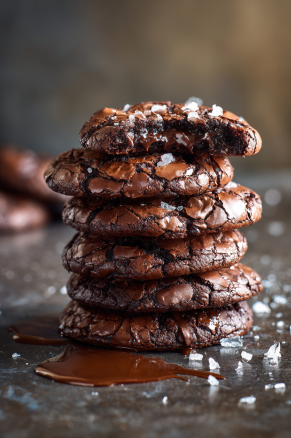Fudgy Chocolate Brownie Cookies Perfectly Chewy Treats 2 Tall stack of shiny, fudgy brownie cookies with crinkled tops, glossy melted chocolate, and flaky sea salt.