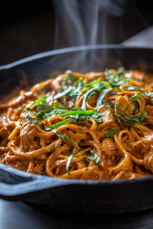 Cowboy Butter Chicken Linguine Creamy, Zesty, and Ready in 25 Minutes 2 Steaming skillet of creamy cowboy butter chicken linguine topped with fresh herbs