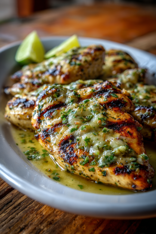 Grilled Salsa Verde Chicken with Pepper Jack: The Ultimate Juicy & Flavor-Packed Summer Dish 2 Grilled chicken breasts with golden char marks, covered in salsa verde and served with lime wedges on a plate