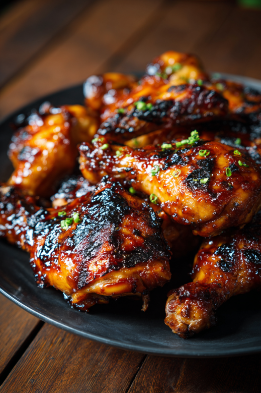 Hawaiian Huli Huli Chicken : Le Poulet Hawaïen Grillé Parfait pour l’Été 2 A plate full of grilled Huli Huli chicken drumsticks and thighs, charred and glazed with a rich, sticky Hawaiian marinade, garnished with chopped green onions.