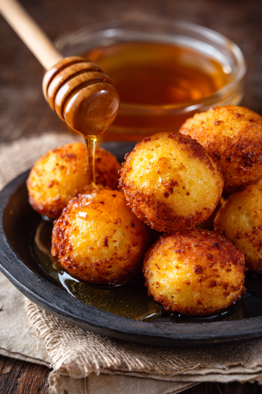 Honey dripping over golden cornbread poppers on a black plate with rustic linen