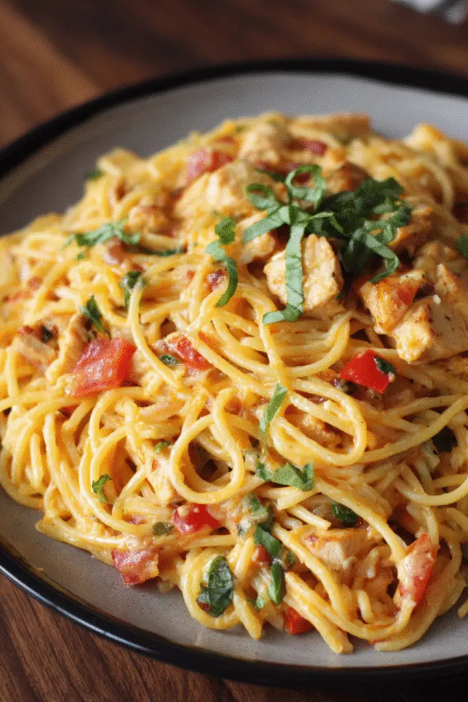 Close-up of Monterey Chicken Spaghetti with diced chicken, red bell peppers, melted cheese, and fresh basil, served on a ceramic plate
