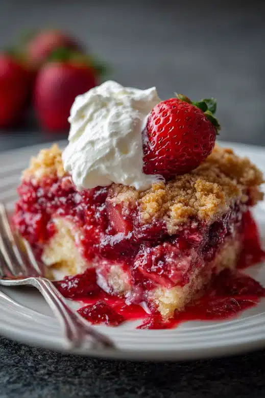 Irresistible Strawberry Cheesecake Dump Cake (So Easy & Delicious) 2 Strawberry dump cake topped with whipped cream and a fresh strawberry on a white plate.
