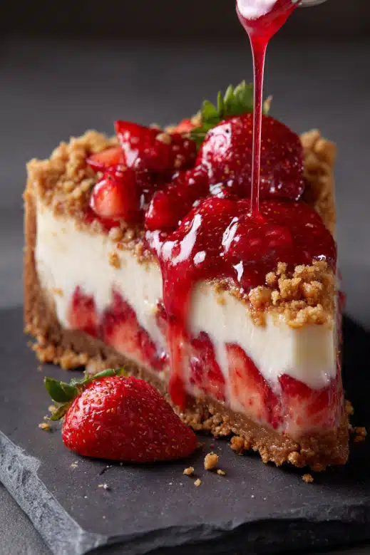 No-Bake Strawberry Crunch Cheesecake A Cool, Creamy Crowd Favorite 2 Close-up of strawberry crunch cheesecake with fresh strawberries and glaze being poured on top