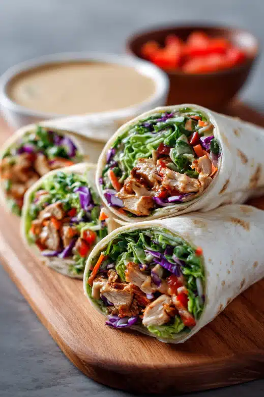 Fresh Thai peanut chicken wraps sliced and served on a wooden board with dipping peanut sauce in the background