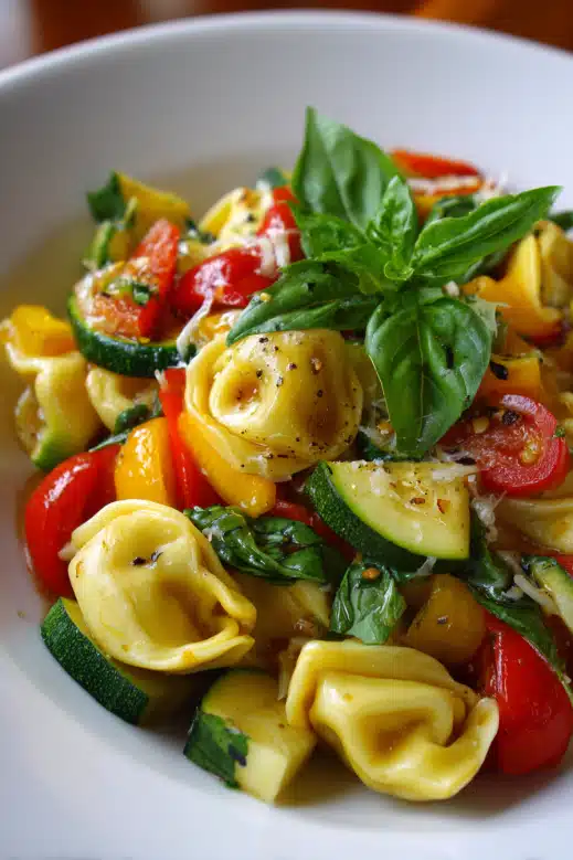 Tortellini with Summer Veggies: A Fresh, Easy Weeknight Favorite 5 Tortellini with summer veggies served in a white bowl with basil