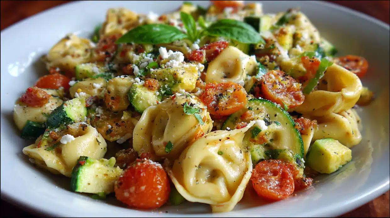 Plate of cheese tortellini with zucchini, cherry tomatoes, and basil