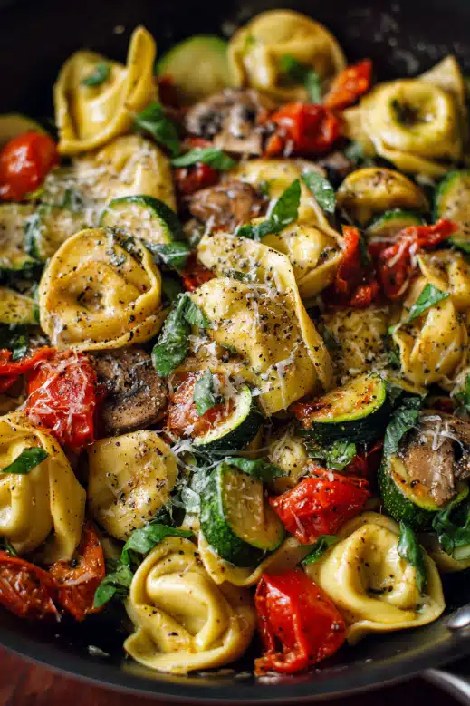 Tortellini with Summer Veggies: A Fresh, Easy Weeknight Favorite 6 Tortellini with summer vegetables cooking in skillet with zucchini, mushrooms, and tomatoes