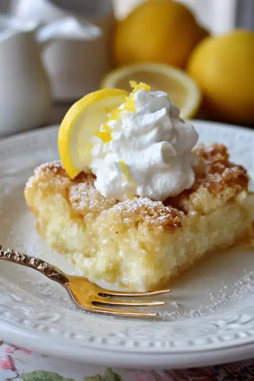 Lemon Cream Cheese Dump Cake Bright, Easy, and Bursting with Flavor 2 Lemon cream cheese dump cake topped with whipped cream, lemon slice, and powdered sugar on a white plate