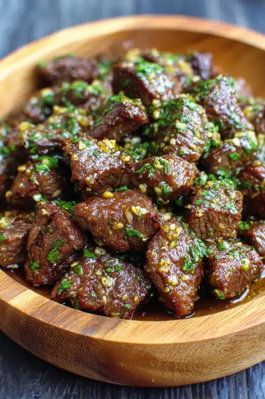 Slow Cooker Garlic Butter Beef Bites with Potatoes 2 Slow Cooker Garlic Butter Beef Bites in Wooden Bowl