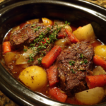 Slow cooker round steak with carrots, potatoes, onions, and thyme in a rich gravy