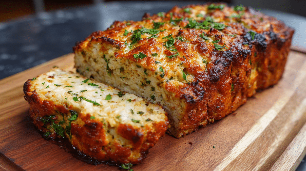 Garlic parmesan chicken meatloaf served in a cozy kitchen