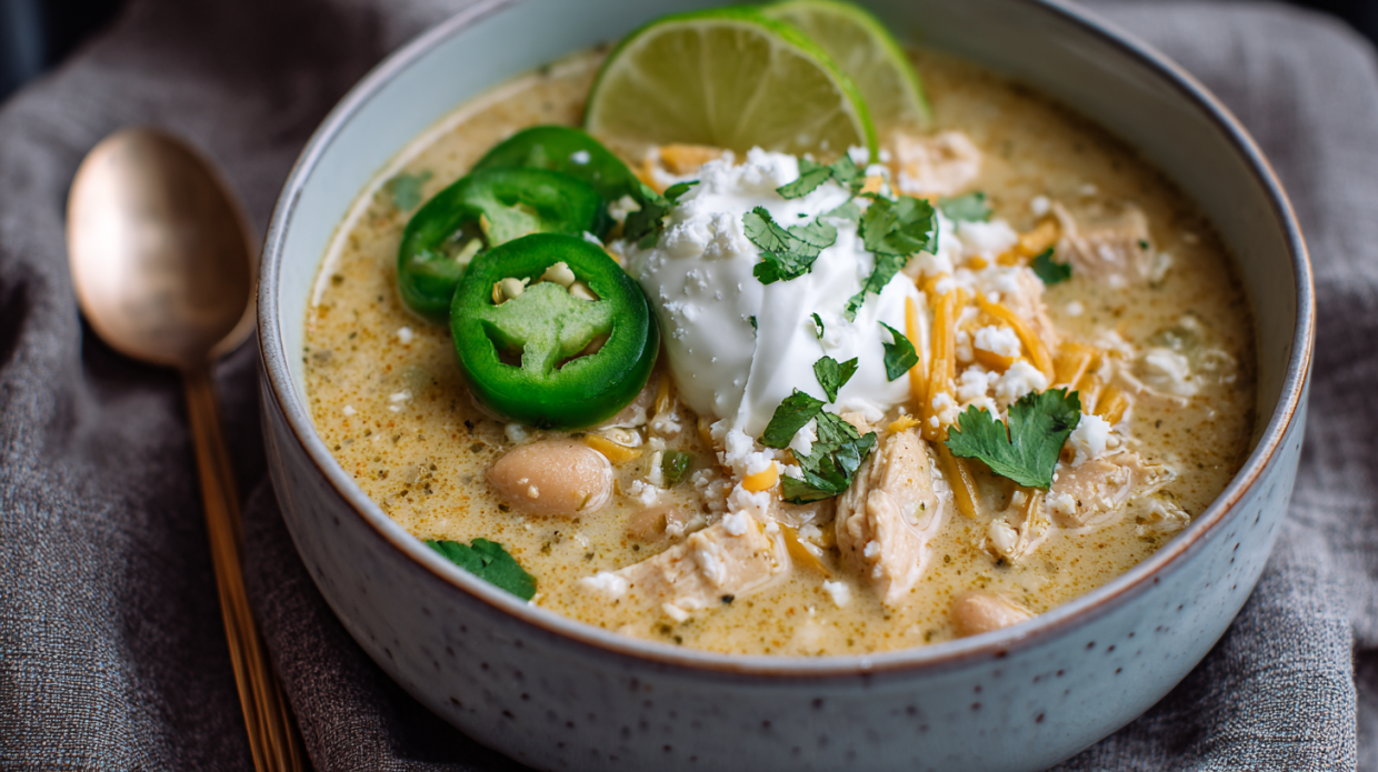 Cozy Crockpot White Chicken Chili with Cream Cheese