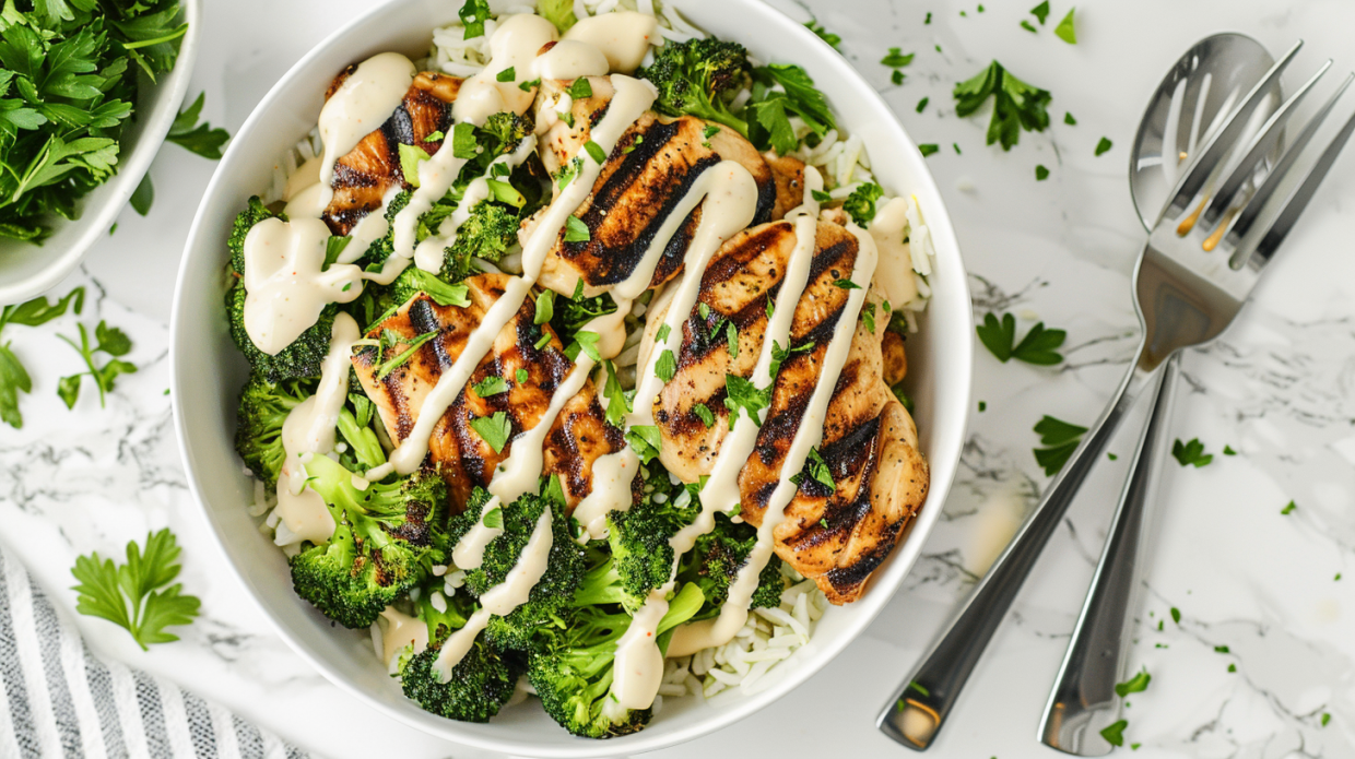 Grilled Chicken & Broccoli Bowl with Creamy Garlic Sauce