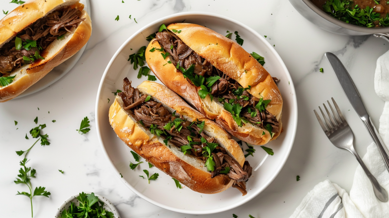 Slow Cooker French Dip Sandwiches with Juicy Shredded Beef