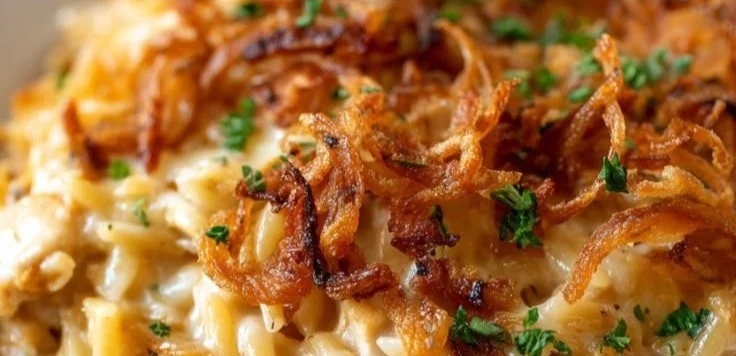 French Onion Chicken Orzo Casserole