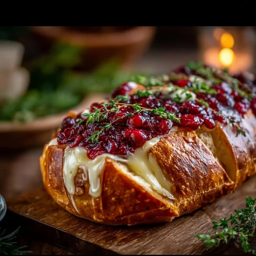 Garlic Herb Sourdough Bread Stuffed with Brie and Cranberry Sauce