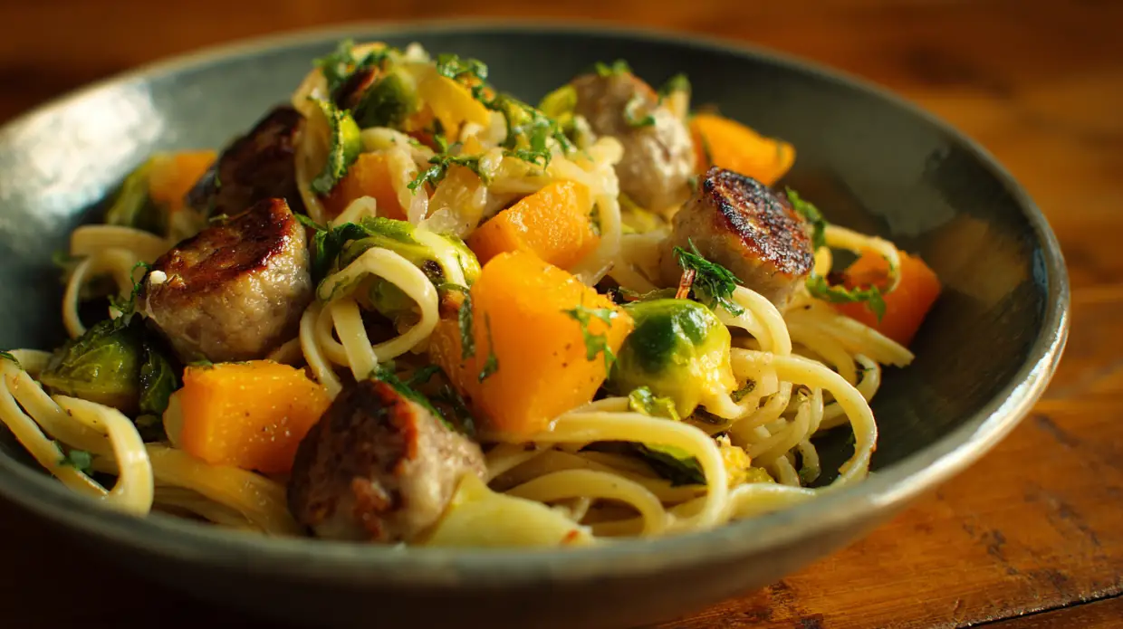 Autumn Dinner with Sausage, Pasta, Brussels Sprouts, and Butternut Squash