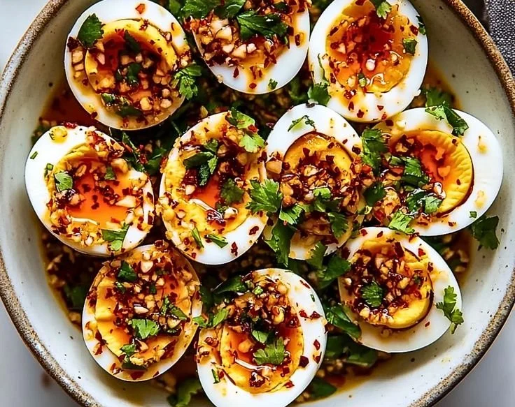 Spicy Chili Garlic Deviled Eggs