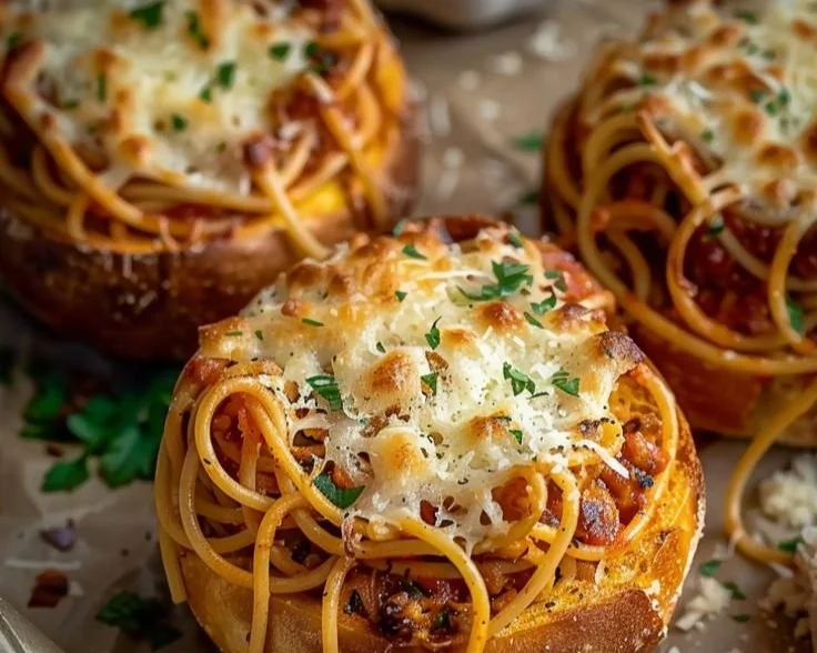 Spaghetti Garlic Bread Bowls