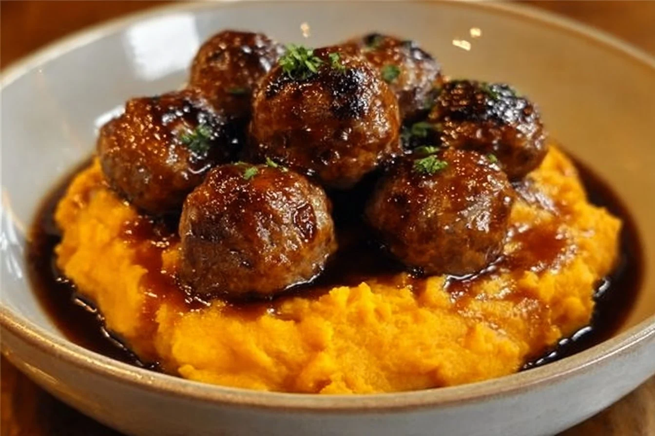 Enjoy Irresistible Pork Meatballs with Sweet Potato Mash & Bourbon-Maple Sauce