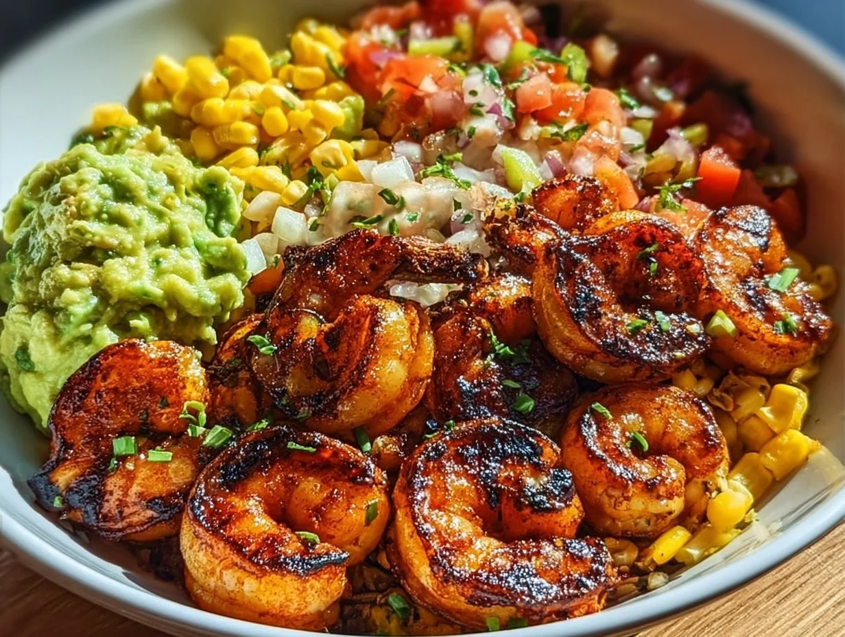 Grilled Shrimp Bowl with Avocado, Corn Salsa & Creamy Garlic Sauce